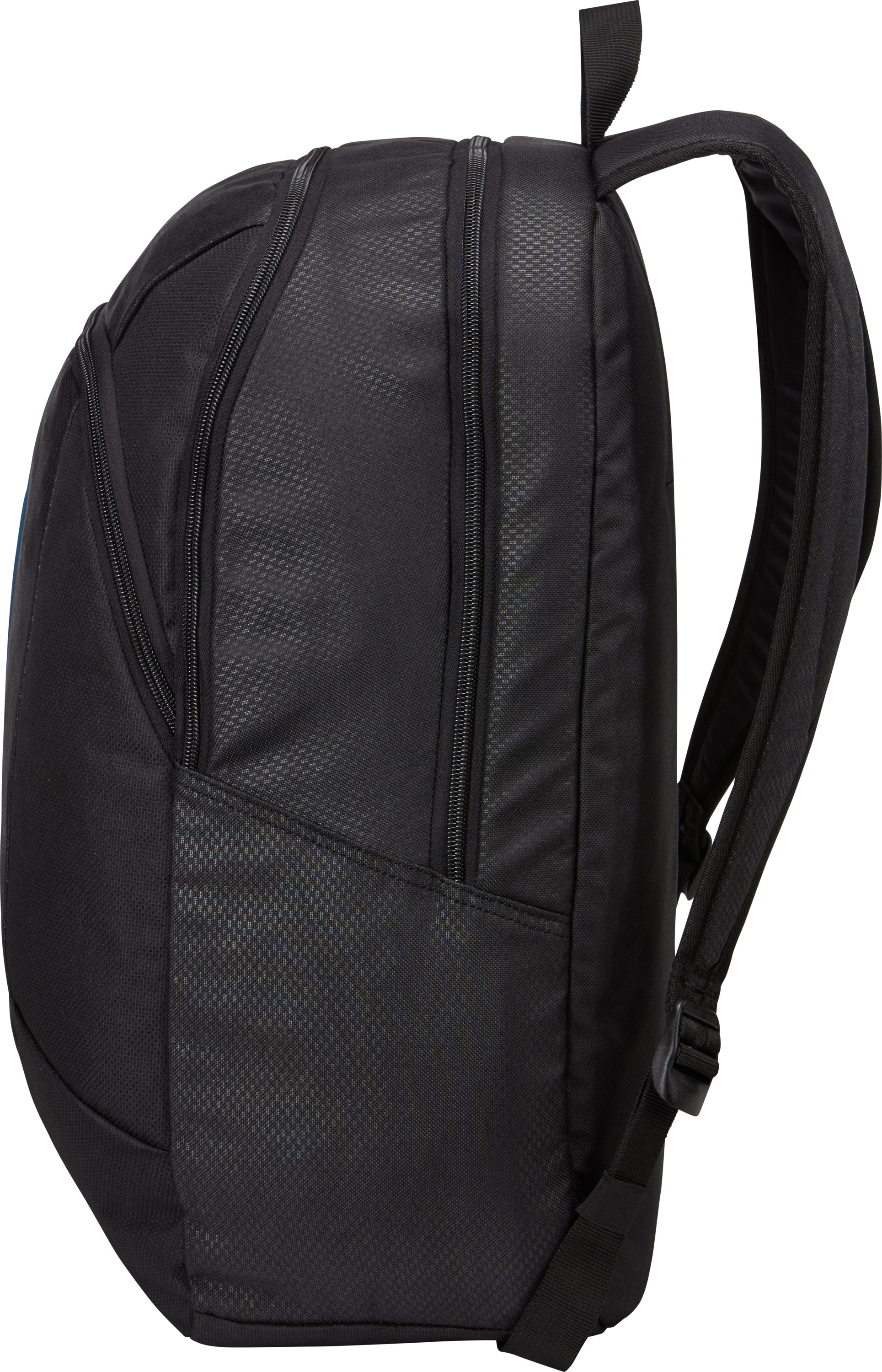 Sac à dos noir avec plusieurs fermetures éclair et un panneau arrière noir.