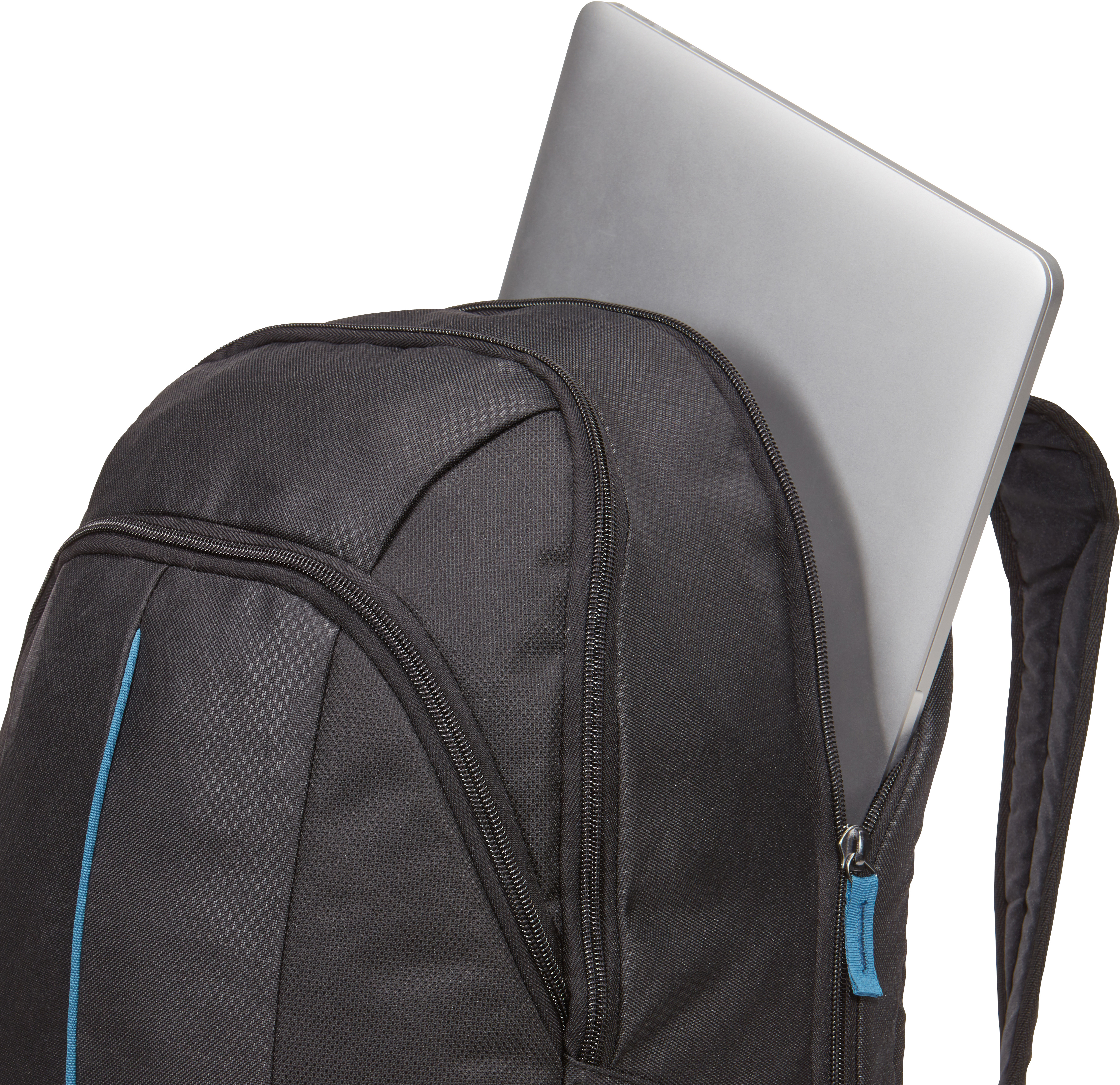 Sac à dos noir avec un ordinateur portable partiellement visible dans la poche arrière, ligne d'accent bleue.