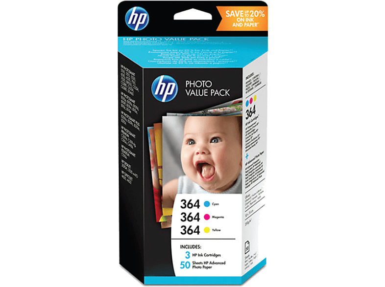 HP 365 Cyaan - Magenta - Geel + 50 vellen 10x15cm Value Pack Photo (T9D88EE)