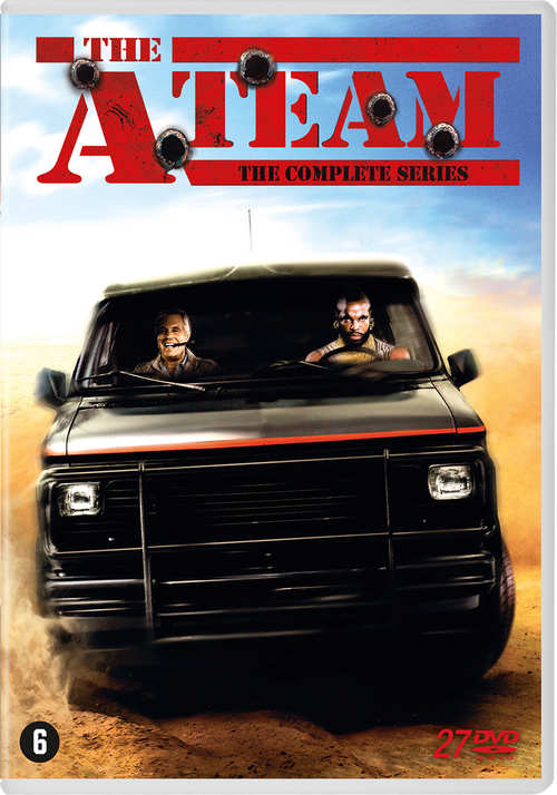 DVD-cover voor 'The A-Team' met een zwarte bus en twee mannen erin.