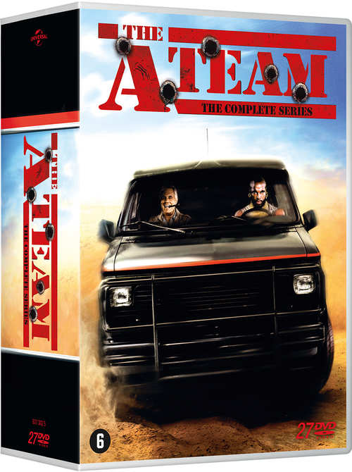 De A-Team dvd-box. De doos toont de bus en diverse kogelgaten.