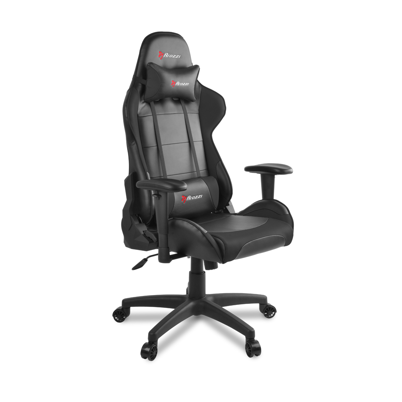 Schwarzer Gaming-Stuhl mit Kopfstütze und Armlehnen. Der Stuhl hat ein Fünf-Sterne-Gestell.