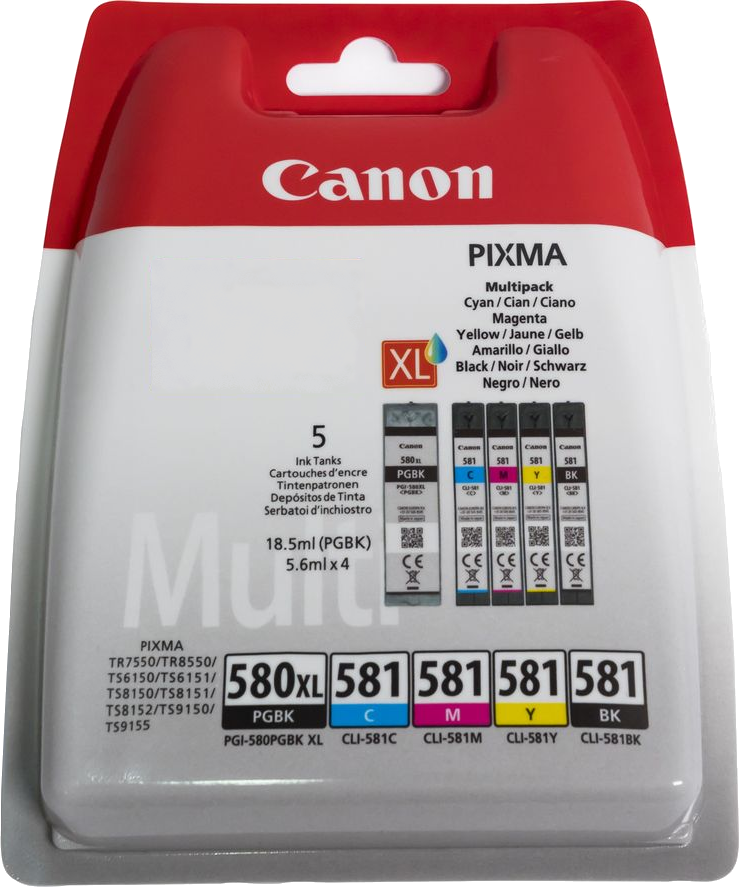 Cartouches d'encre Canon dans un emballage avec du texte.