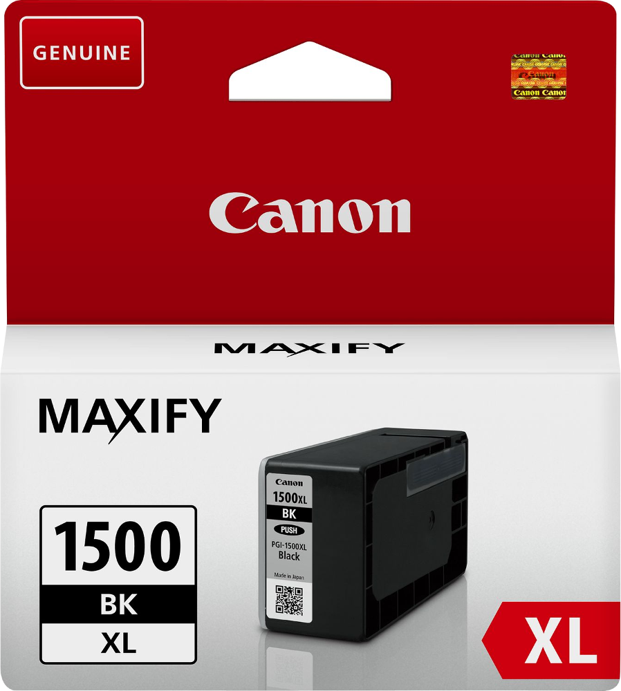 Canon MAXIFY zwarte inktcartridge, rode verpakking. Label: ECHT. Tekst: 1500 BK XL.
