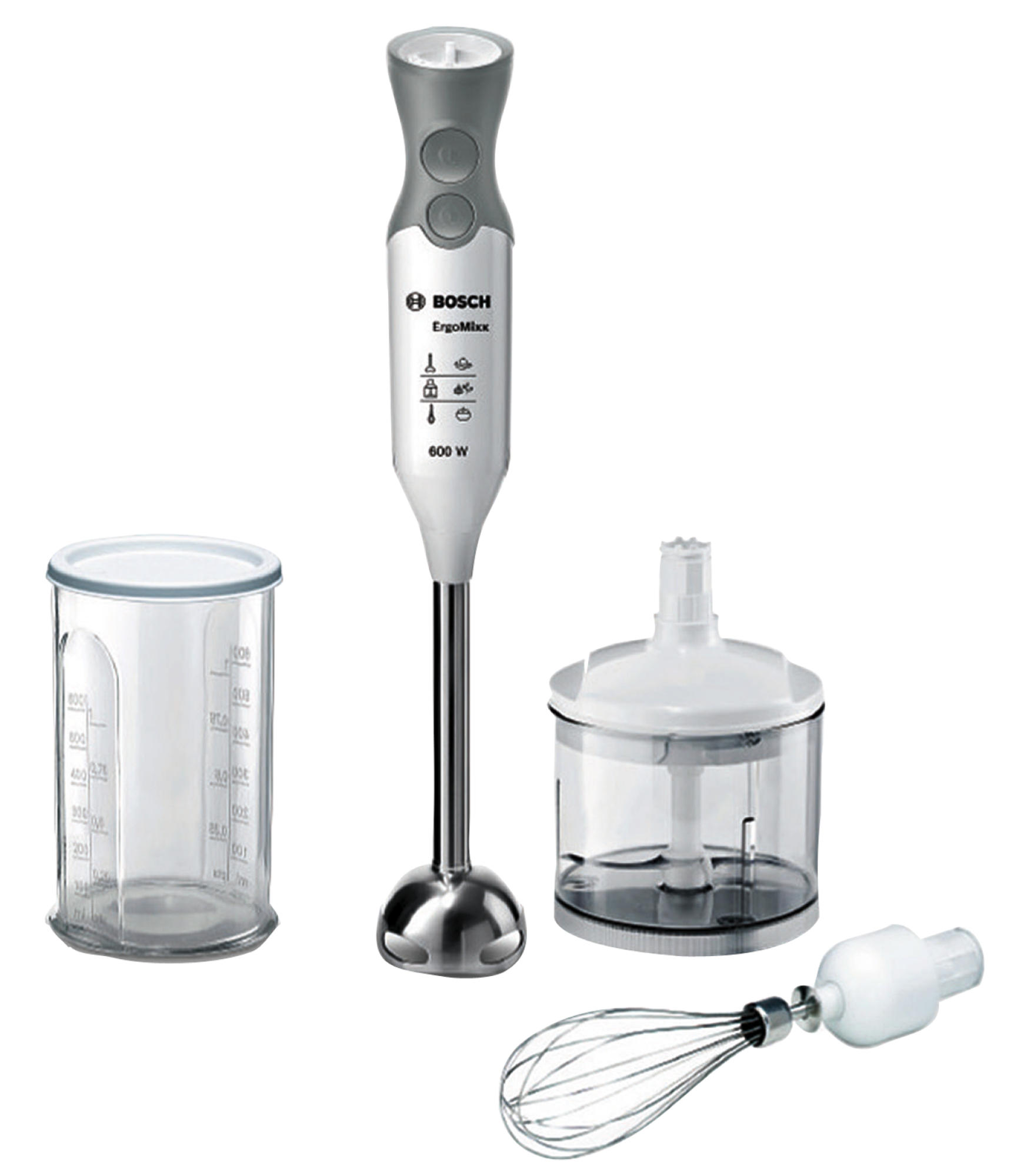 Staafmixer met opzetstukken: beker, hakmolen, garde. Wit en grijs, Bosch ErgoMixx.
