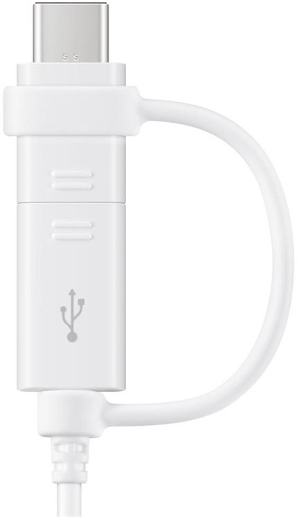 Câble USB-C blanc avec une boucle. Le connecteur est en haut.
