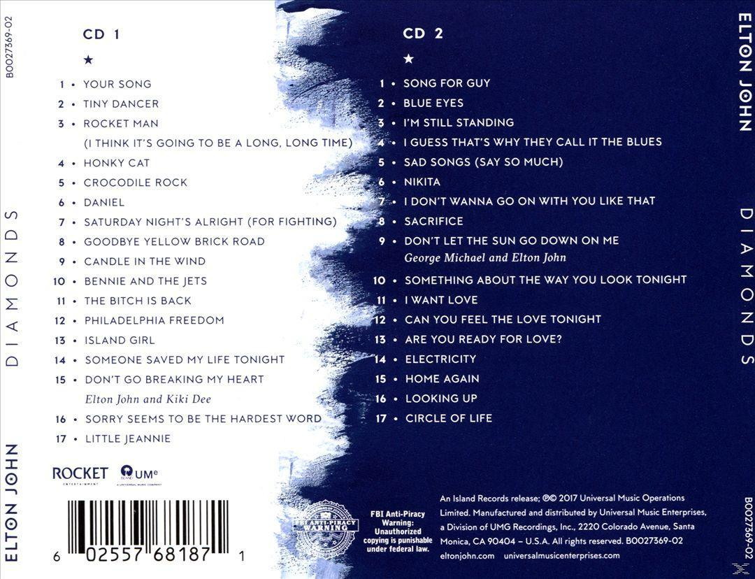 CD case with track lists for Elton John's 'Diamonds'. The background is blue and white.