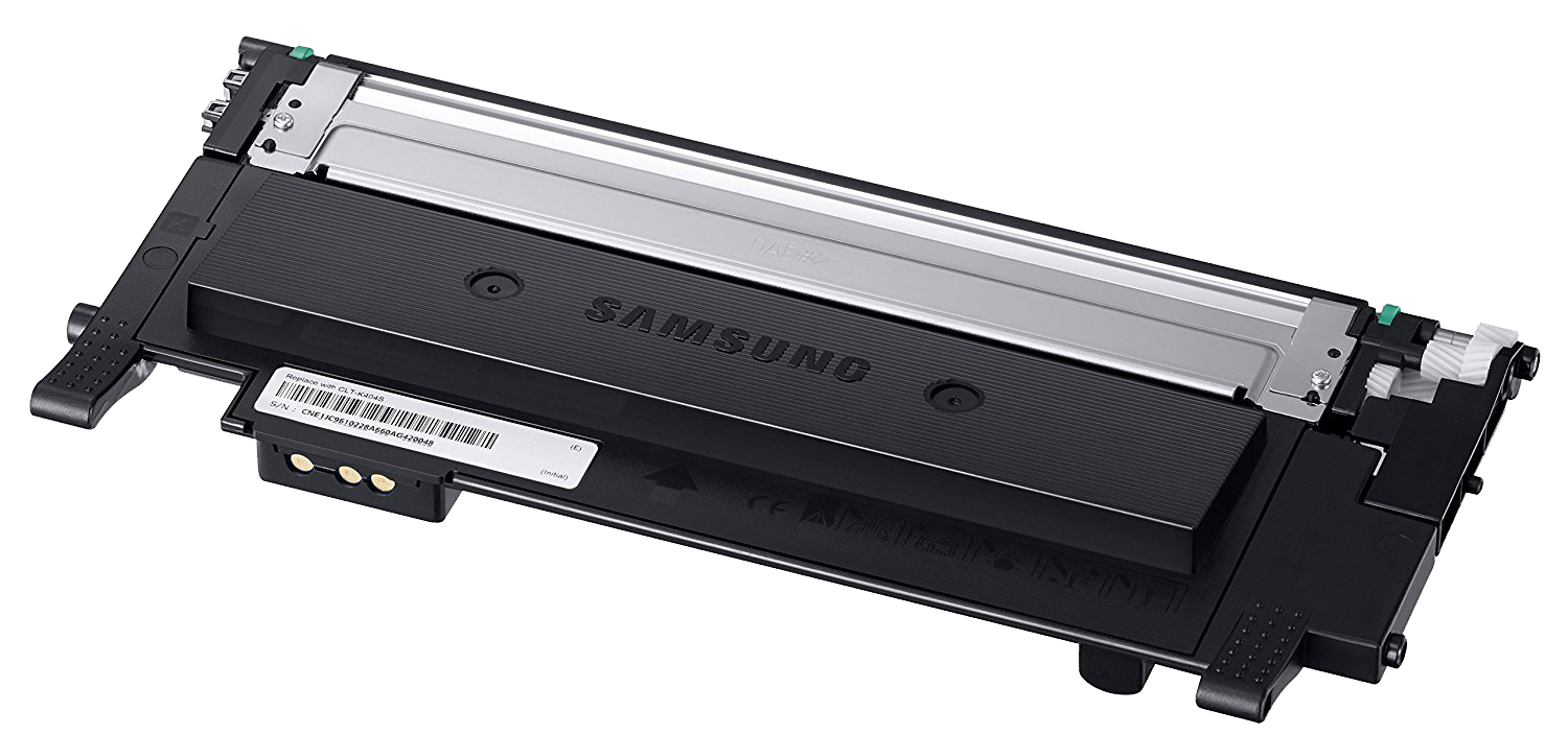 Zwarte Samsung tonercartridge met een zilveren onderdeel binnenin. Op een zwarte achtergrond.