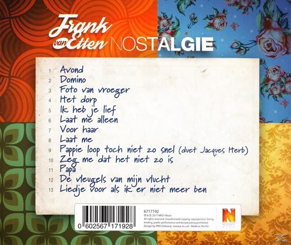 CD-hoes met de titel 'Nostalgie' van Frank van Etten. Tracklist in het Nederlands. Bloemen- en patroonachtergronden.