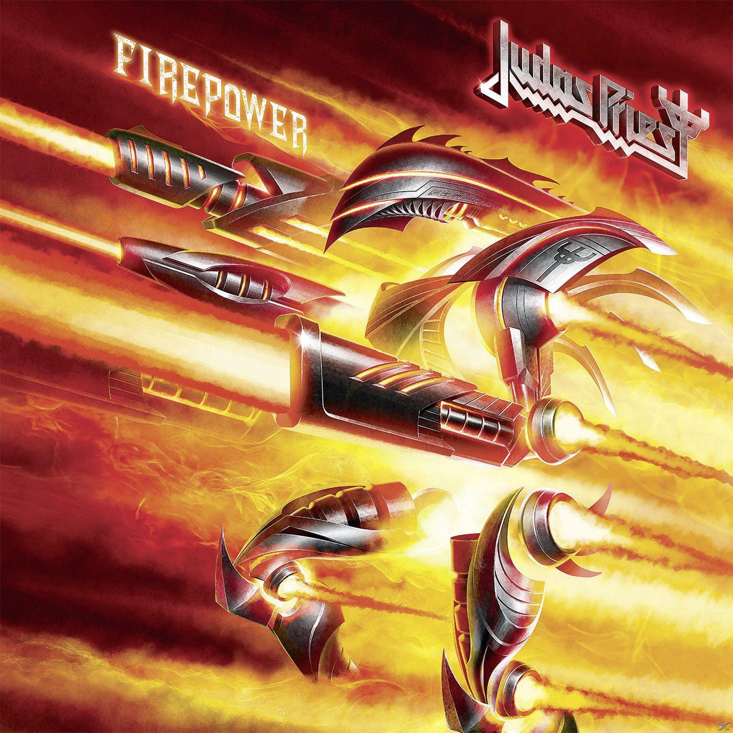 Pochette d'album avec des véhicules futuristes tirant des flammes. Texte: FIREPOWER et logo Judas Priest.