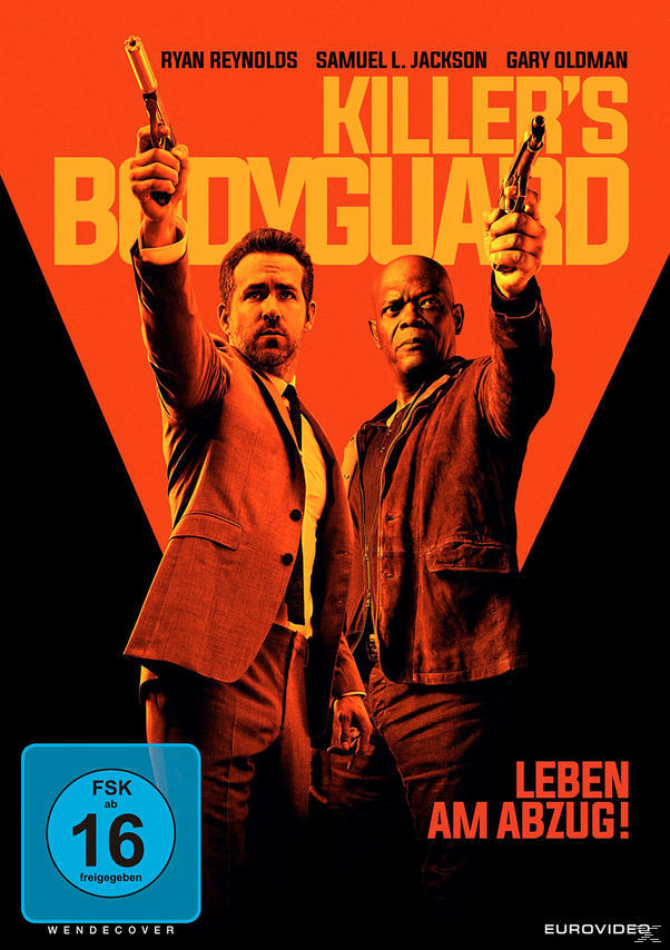 DVD-Cover für 'Killer's Bodyguard'. Zeigt Ryan Reynolds und Samuel L. Jackson mit Waffen, orangefarbener Hintergrund.