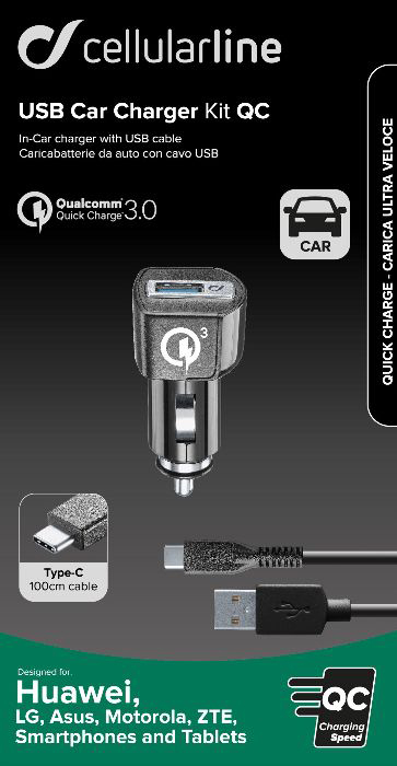 Cellularline USB-Autoladegerät-Kit mit Kabeln und einem Ladeanschluss.