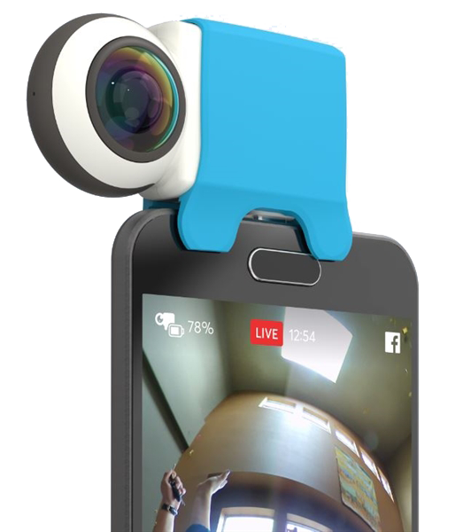 A smartphone with a blue and white camera attachment. The phone screen shows a live feed of a room.