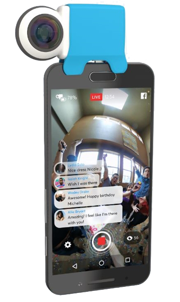 A smartphone with a connected camera is live streaming a party. People are visible on the screen, and comments are shown on the screen.
