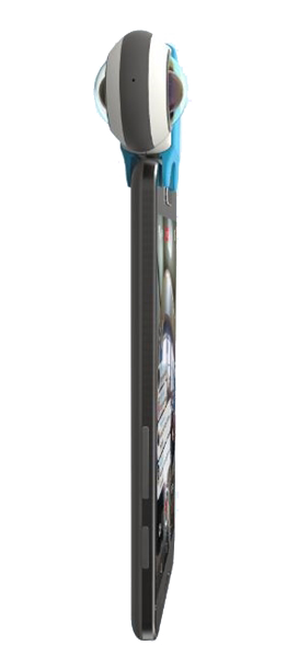 A smartphone with a 360-degree camera attachment. The camera is white, gray and black. The phone is black.