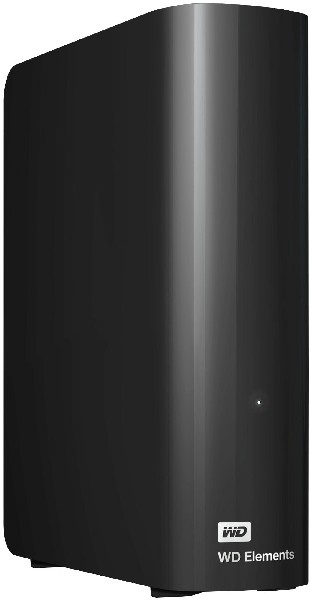 Schwarze externe Festplatte WD Elements, mit geschwungenem Design und WD-Logo.