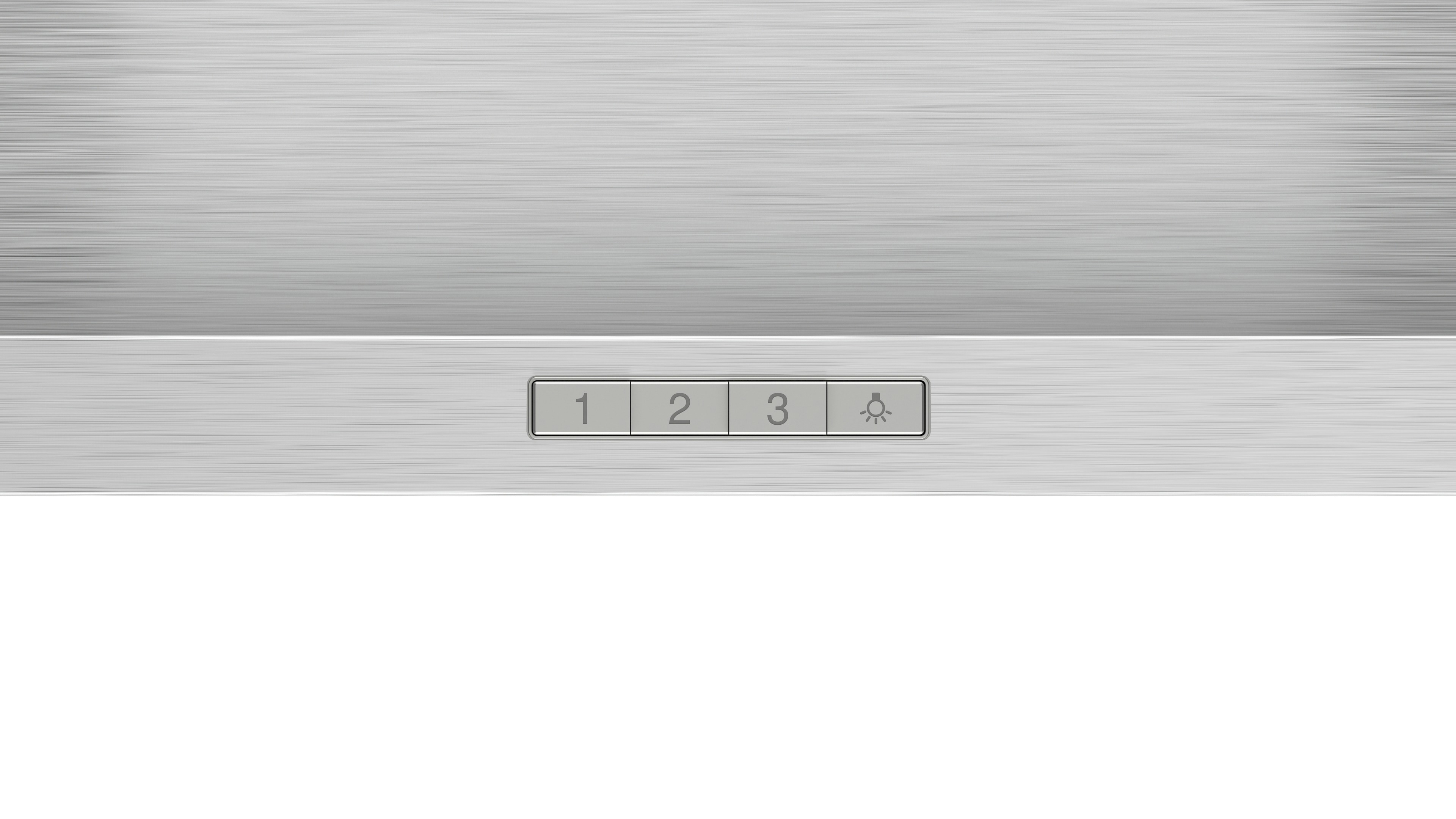 Silbernes Bedienfeld mit 3 Knöpfen und einem Lichtsymbol, vermutlich für eine Dunstabzugshaube.