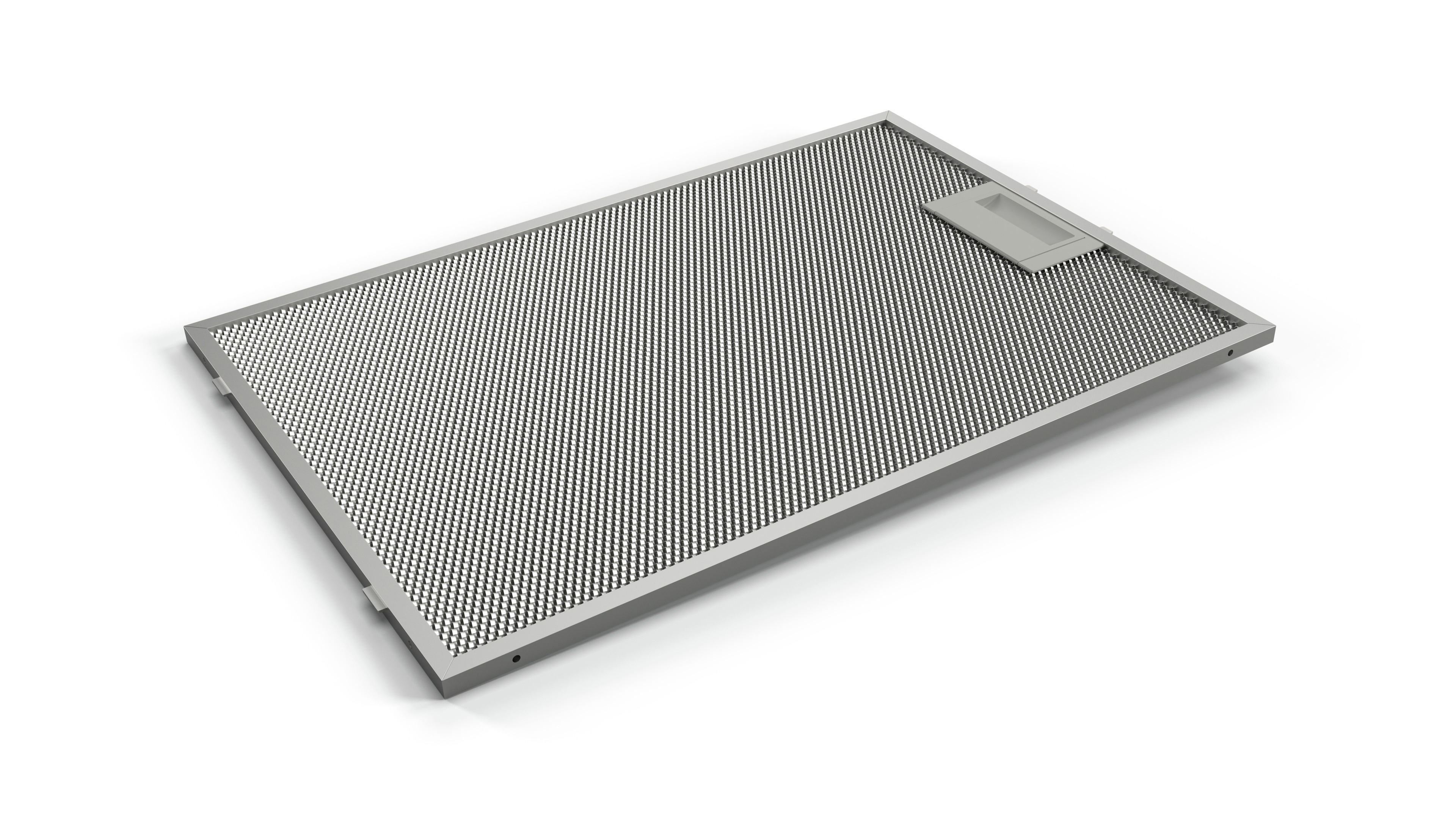 Ein rechteckiger Metallfilter mit einem Netzmuster auf weißem Hintergrund.