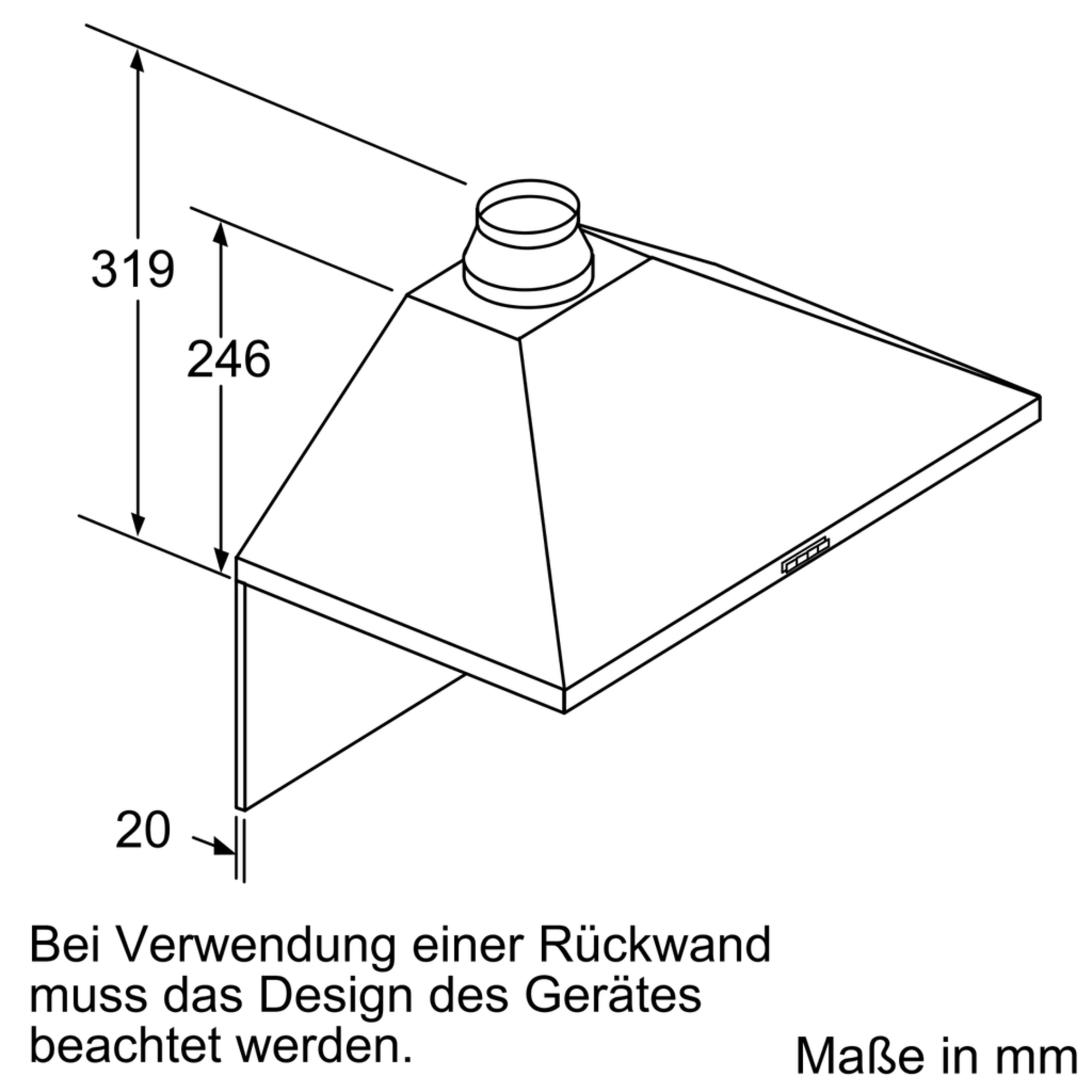 Technische Zeichnung einer Dunstabzugshaube, mit Maßen und Text auf Deutsch.