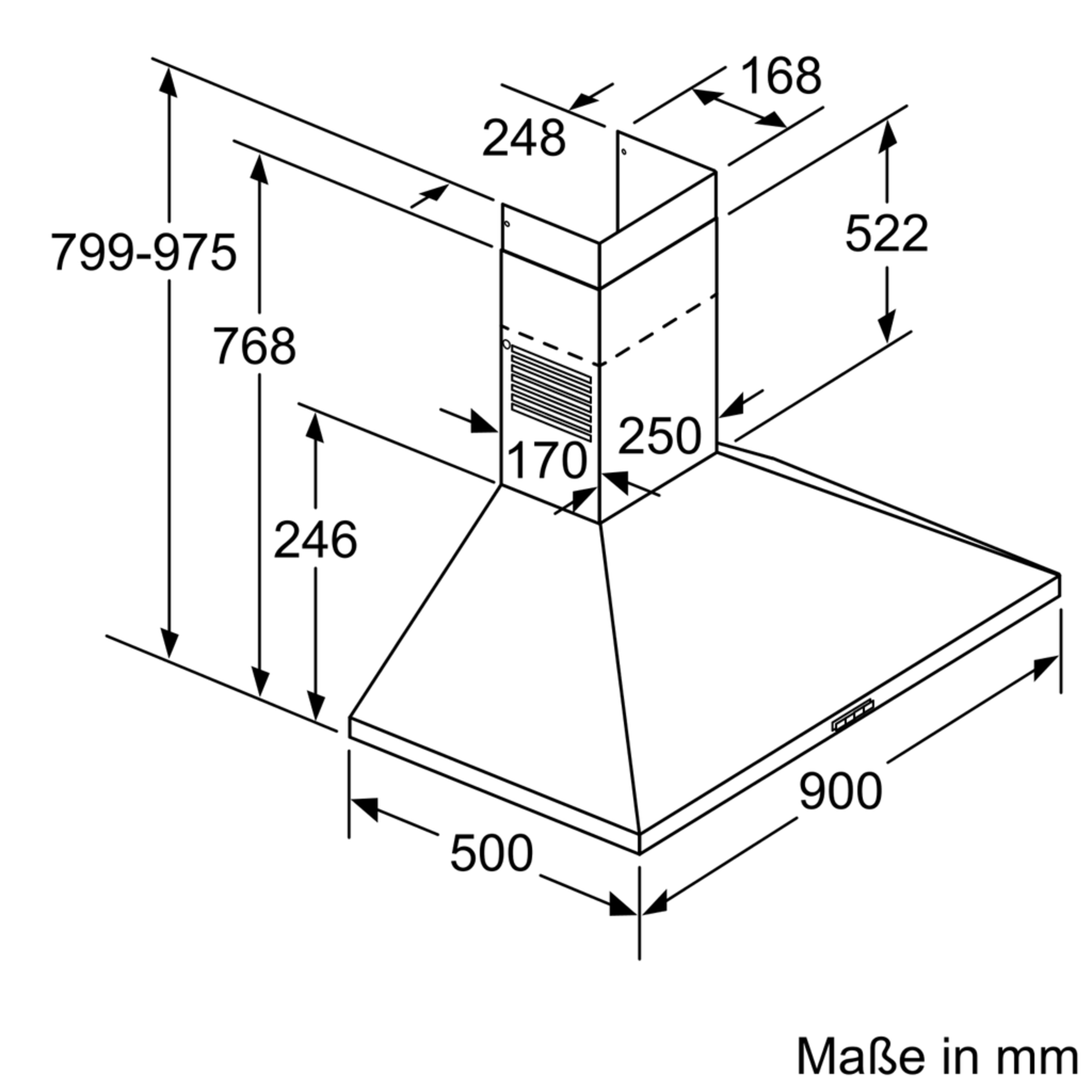 Technische Zeichnung einer Dunstabzugshaube mit Abmessungen in Millimetern, Linien, Winkeln und Messungen.