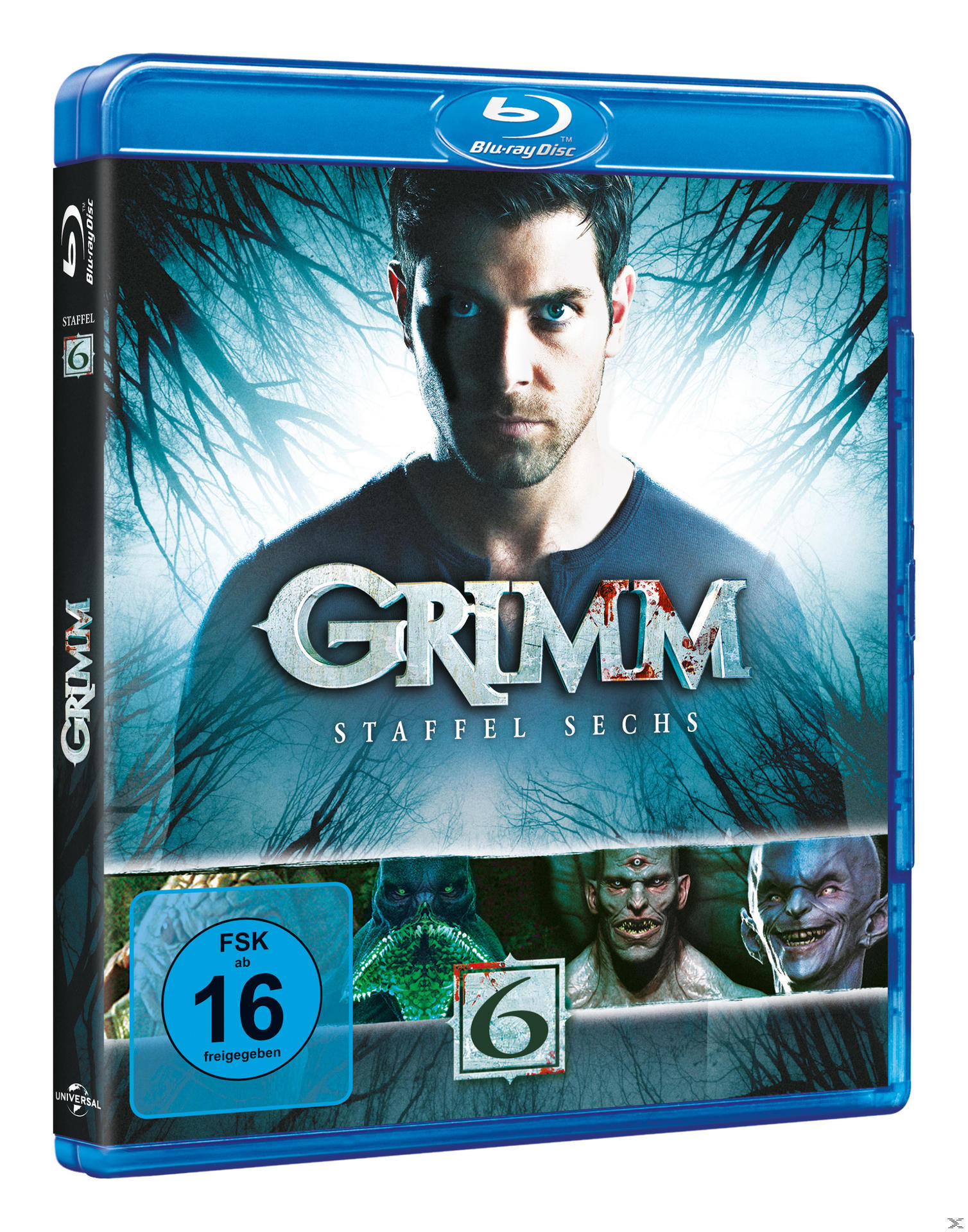 Blu-ray-Hülle für Grimm, Staffel 6. Zeigt das Gesicht eines Mannes und Monster. Blaues Gehäuse.