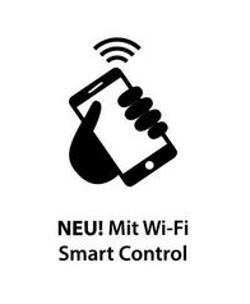 Schwarz-weiß-Symbol: Hand, die Telefon mit WLAN-Symbol hält. Text: Smart Control.