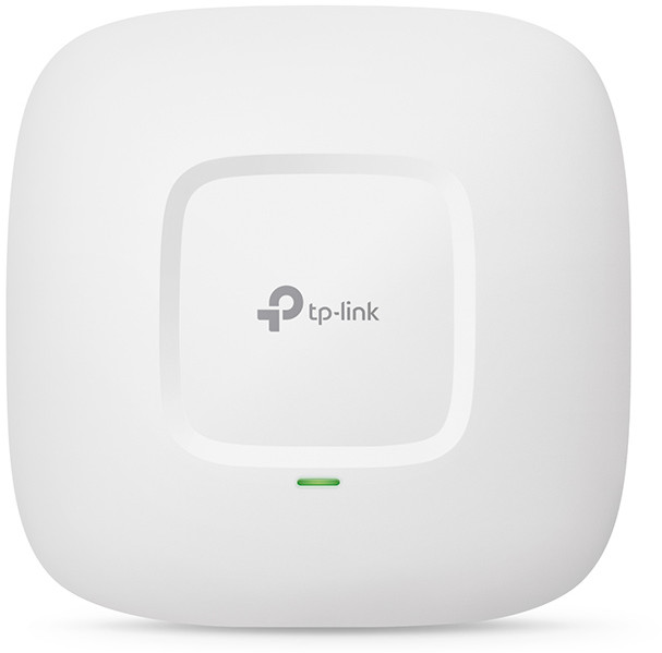 Weißer tp-link Wi-Fi-Zugangspunkt. Rund, mit einem grünen Licht unten. Weißer Hintergrund.