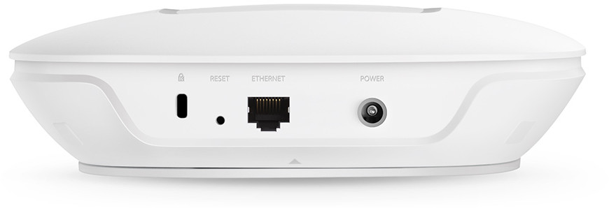 Weißes Netzwerkgerät mit den Anschlüssen RESET, ETHERNET und POWER auf der Rückseite.