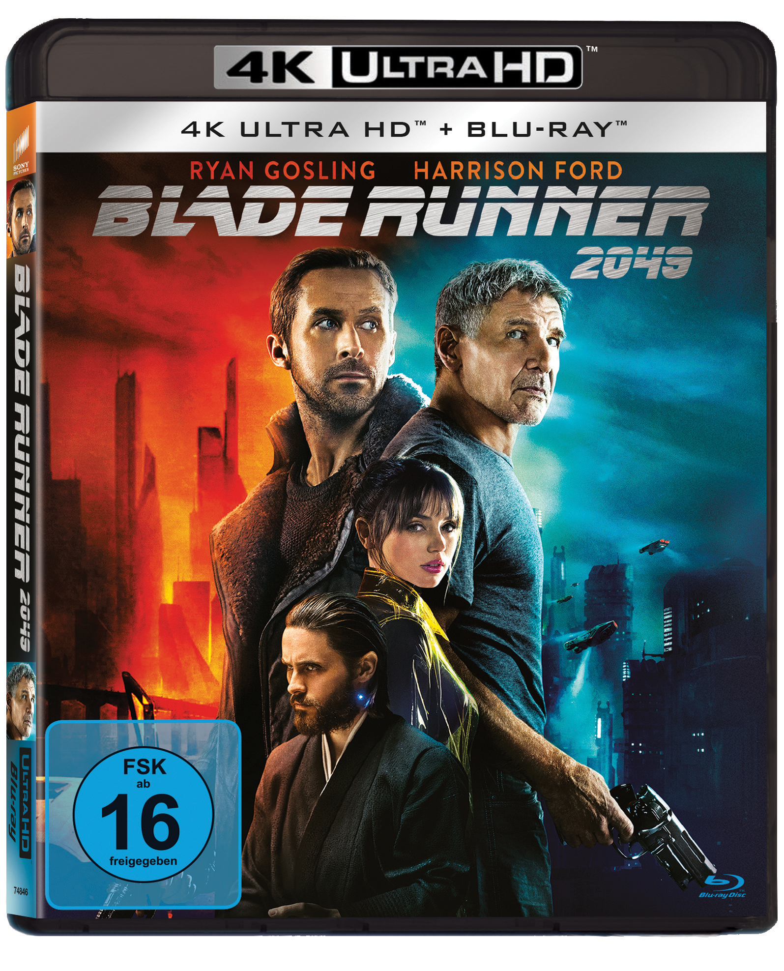 Blade Runner 2049 Blu-ray-Cover. Mit Ryan Gosling, Harrison Ford und anderen. Fettgedruckter Titel, futuristisches Setting und blaues FSK 16.