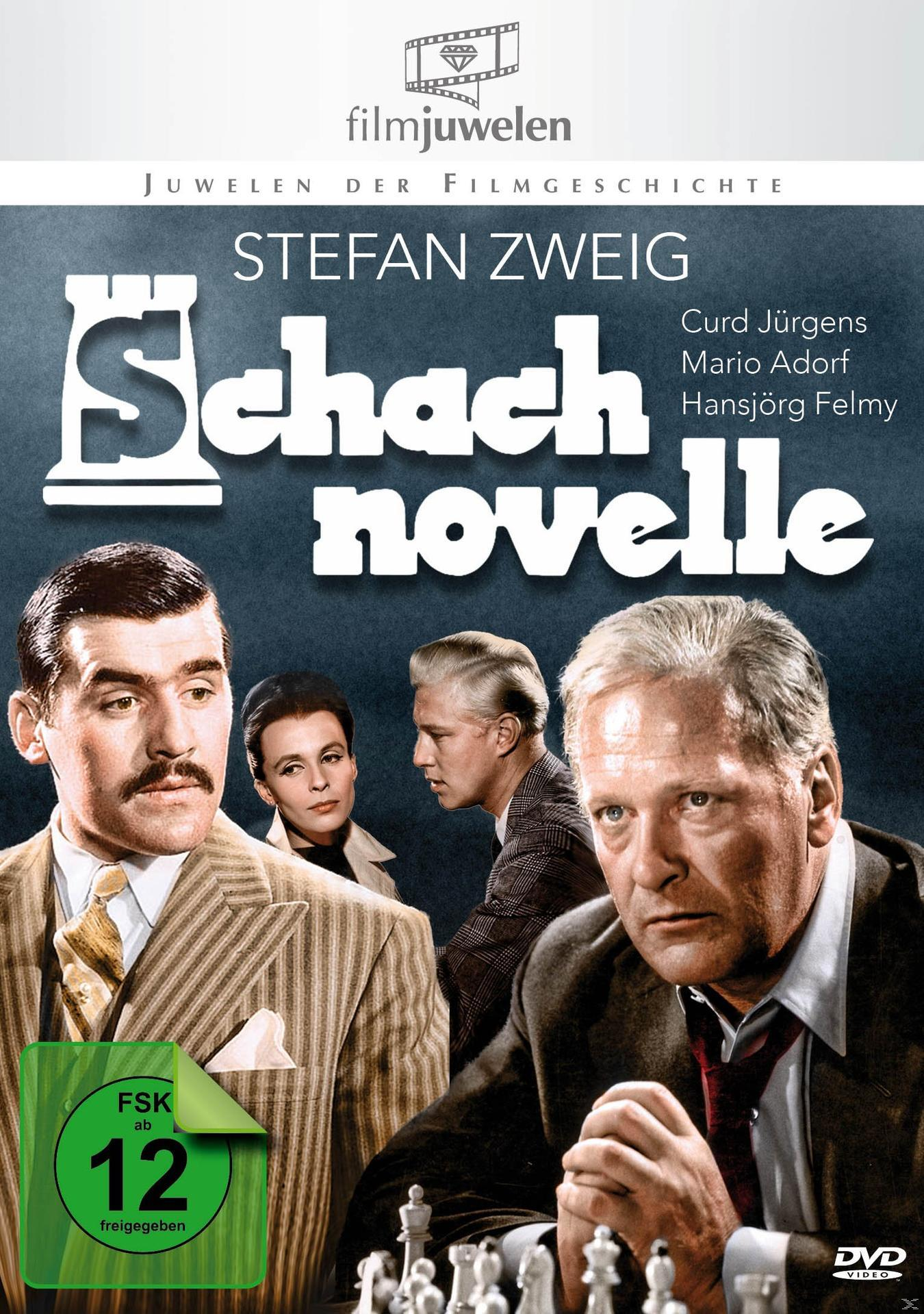 DVD-Cover eines Films. Männer in Anzügen und ein Schachbrett. Titel lautet 'Schachnovelle'.