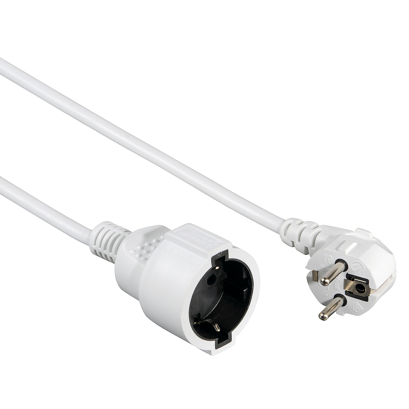 Witte Europese stroomkabel. Het heeft een vrouwelijke socket en een mannelijke stekker. Beide zijn wit.