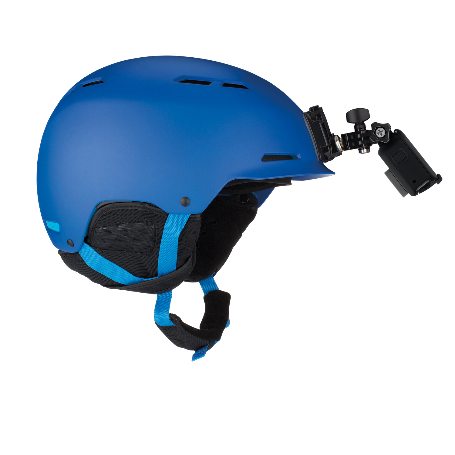 Blauer Skihelm mit Kamerahalterung. Schwarze und blaue Riemen. Weißer Hintergrund.
