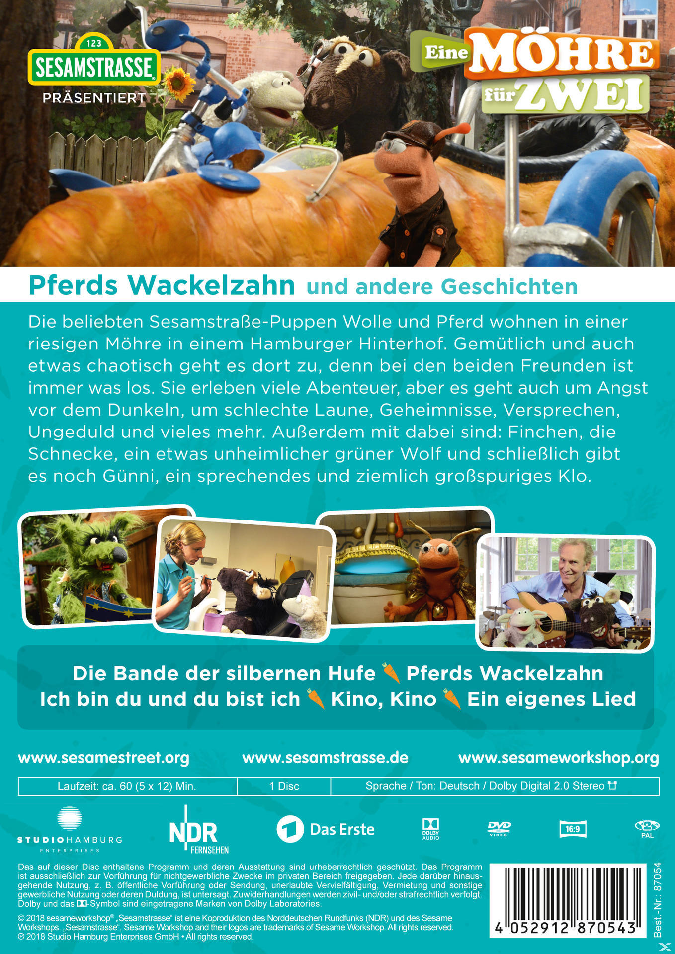 DVD-Hülle von Sesamstraße. Puppen und Text. Bunter Hintergrund.