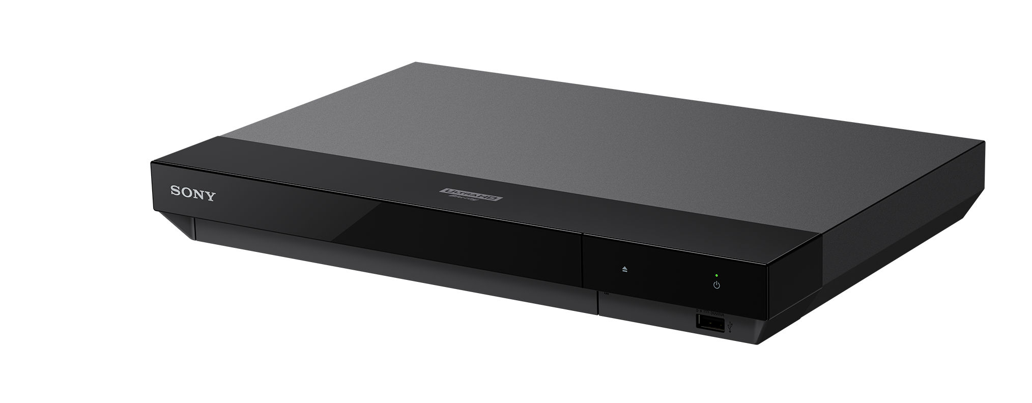 Ein schwarzer Sony Blu-ray Player auf einer weißen Oberfläche, Vorder- und Draufsicht.