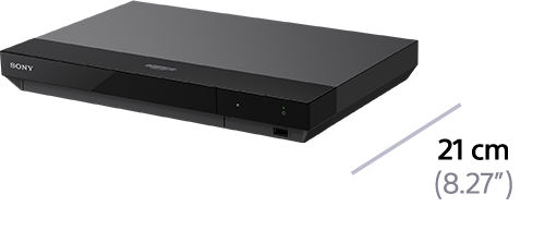 Schwarzer Sony Blu-ray-Player auf weißem Hintergrund. Inklusive Messanleitung von 21 cm.