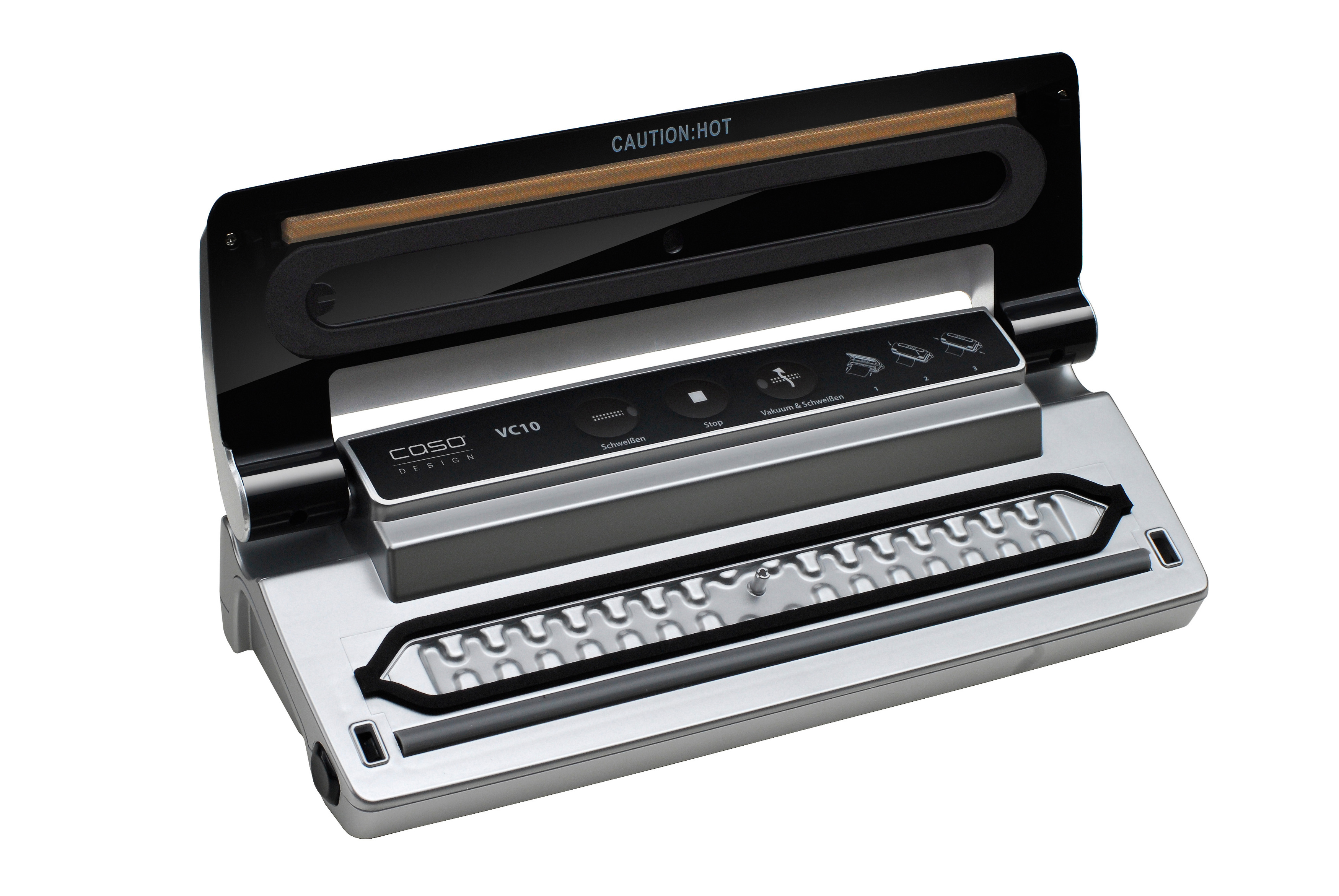 Vakuumiergerät. Silber und schwarz mit Knöpfen und offenem Deckel, einsatzbereit.