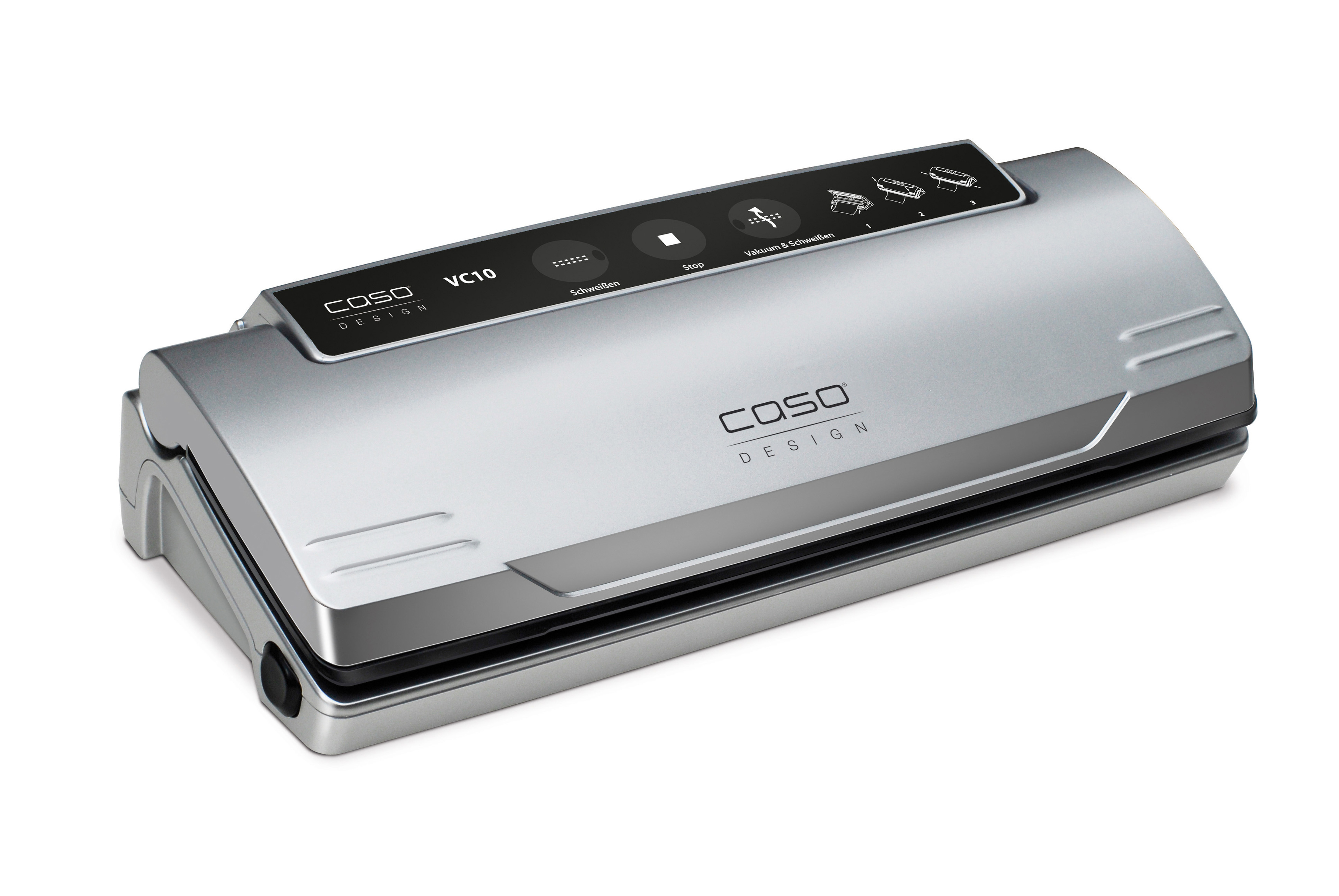 Ein silbernes Vakuumiergerät mit schwarzem Bedienfeld. Der Markenname ist sichtbar.