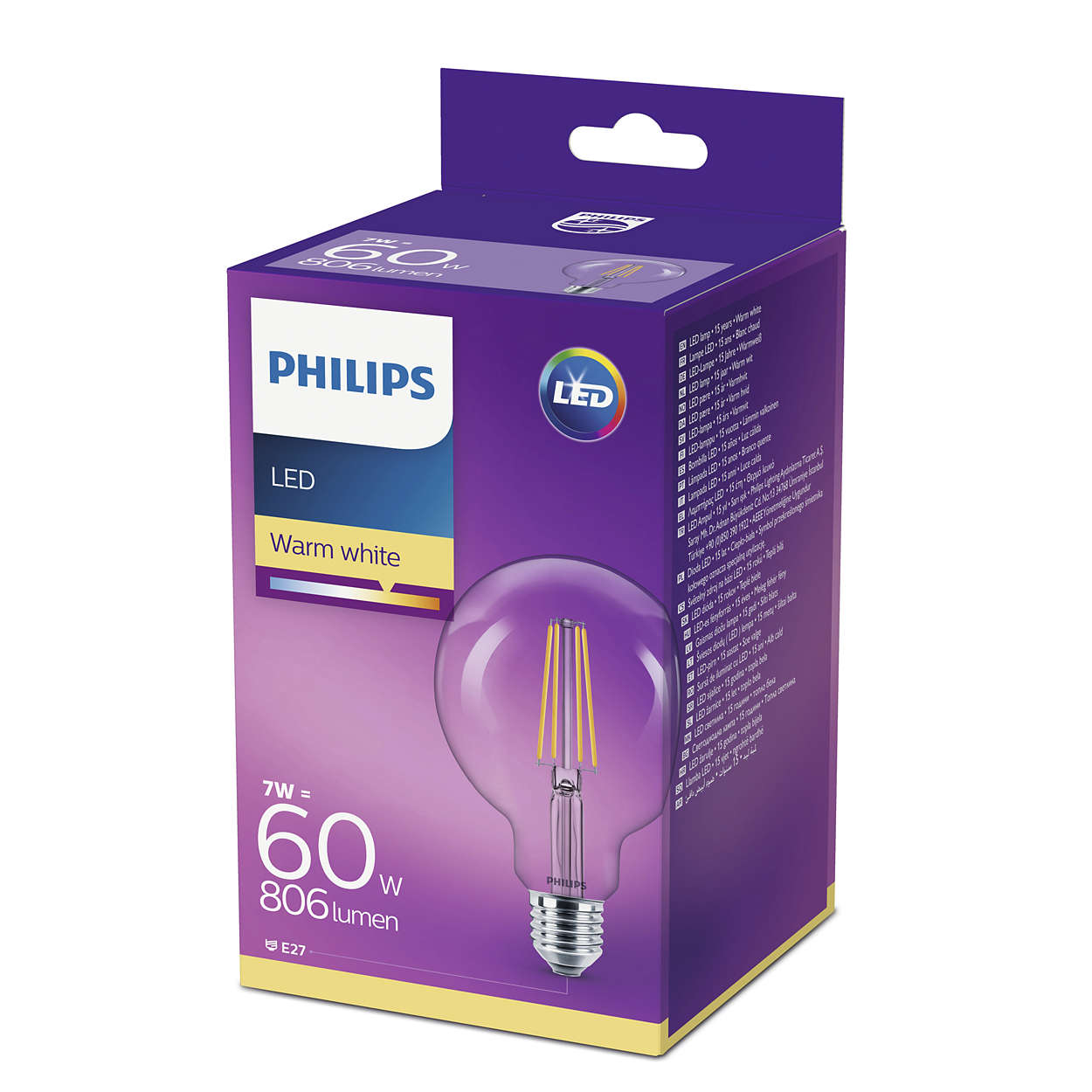 Philips LED-Glühbirne in einer lila Schachtel. Es ist eine warmweiße Glühbirne.