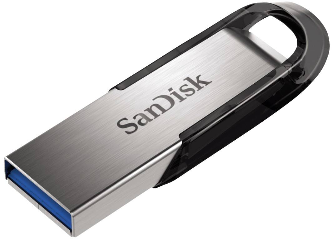 Une clé USB SanDisk argent et noire est affichée sur fond blanc.