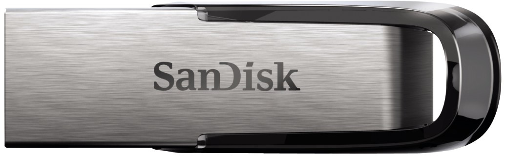 Clé USB Sandisk. Argent métallique avec des accents noirs et le logo Sandisk.