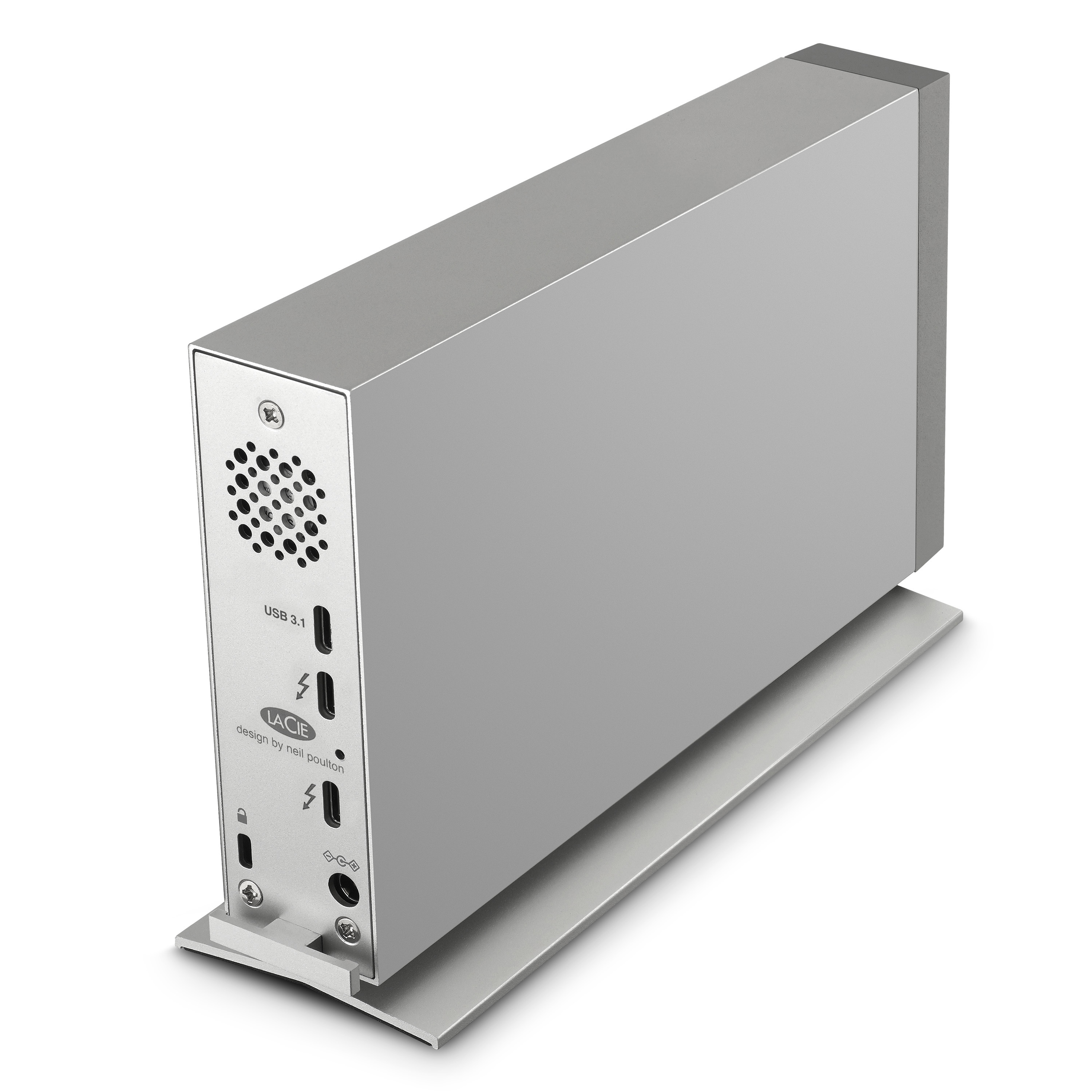 Silberne externe Festplatte mit USB-Anschlüssen und Ständer.