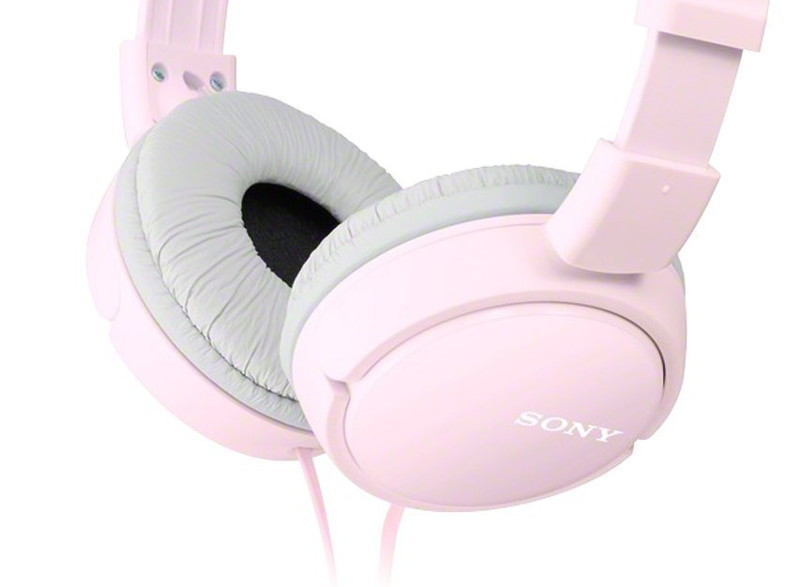 Rózsaszín fejhallgató világosszürke fülpárnákkal, a "SONY" márkanév látható.
