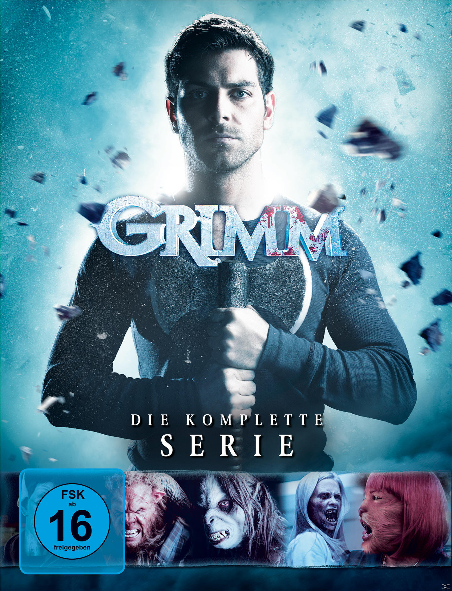 DVD-Cover für die Serie Grimm, mit einem Mann, der eine Axt hält, umgeben von Monsterbildern.