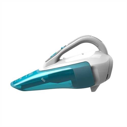 A white and turquoise handheld vacuum cleaner on a white background.