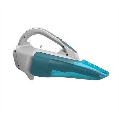 A white and teal handheld vacuum cleaner on a white background.