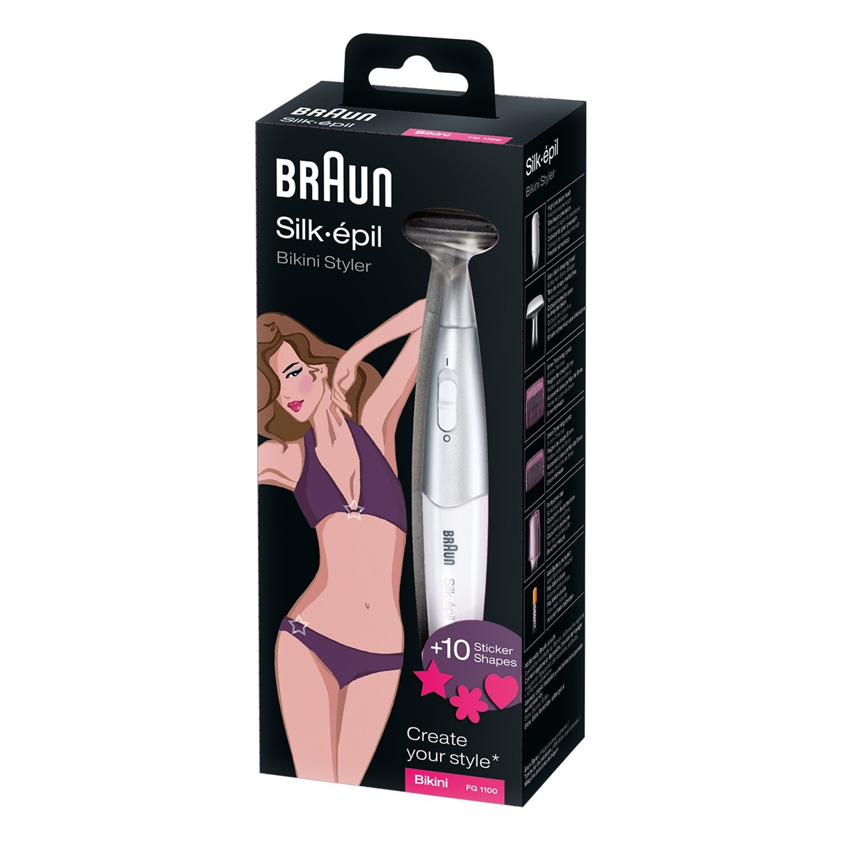 Schachtel mit Braun Silk-épil Bikini Styler. Die Schachtel hat ein Frauenbild und einen Rasierer.