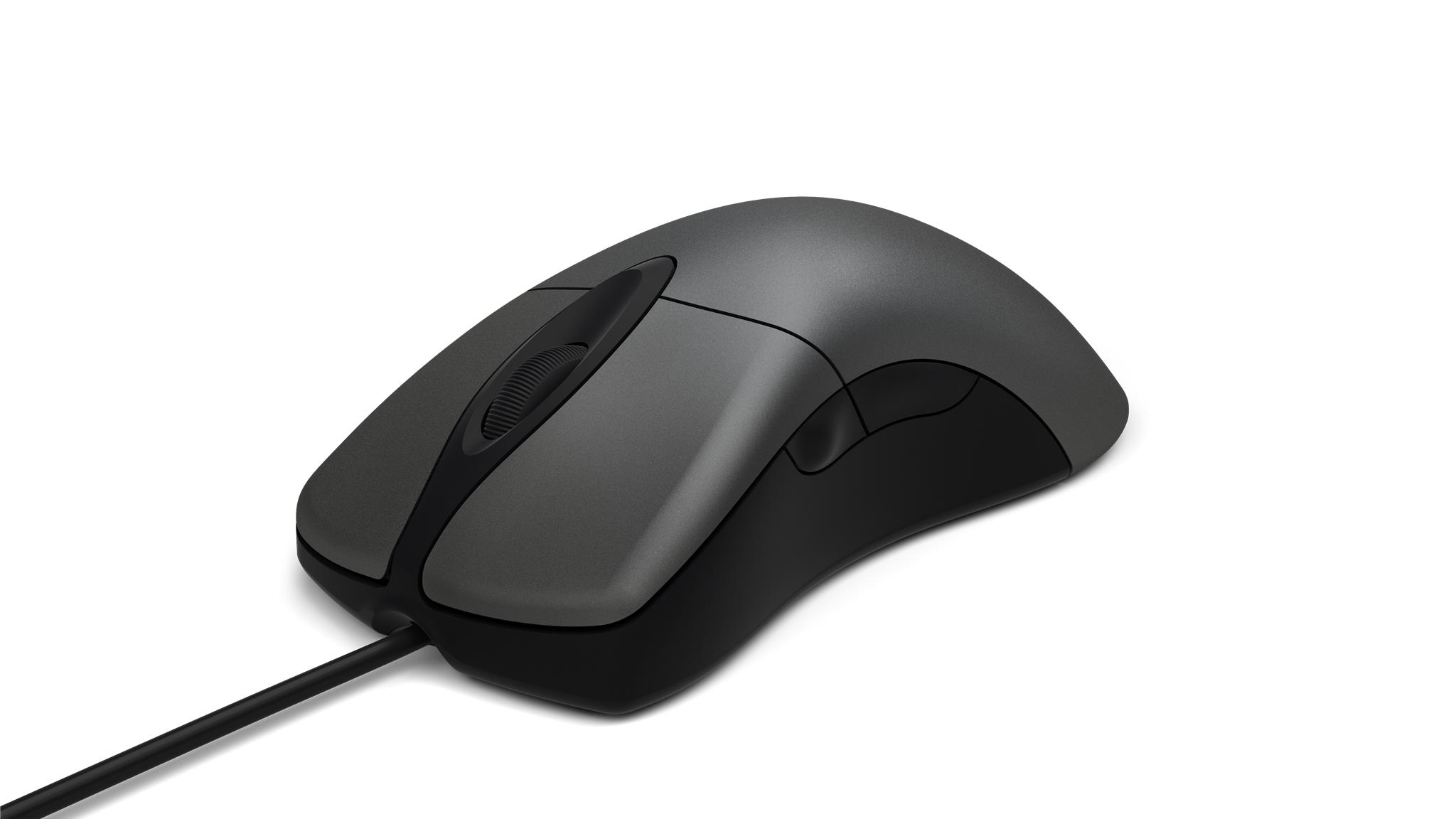 Eine graue und schwarze Computermaus mit einem schwarzen Kabel auf weißem Hintergrund.