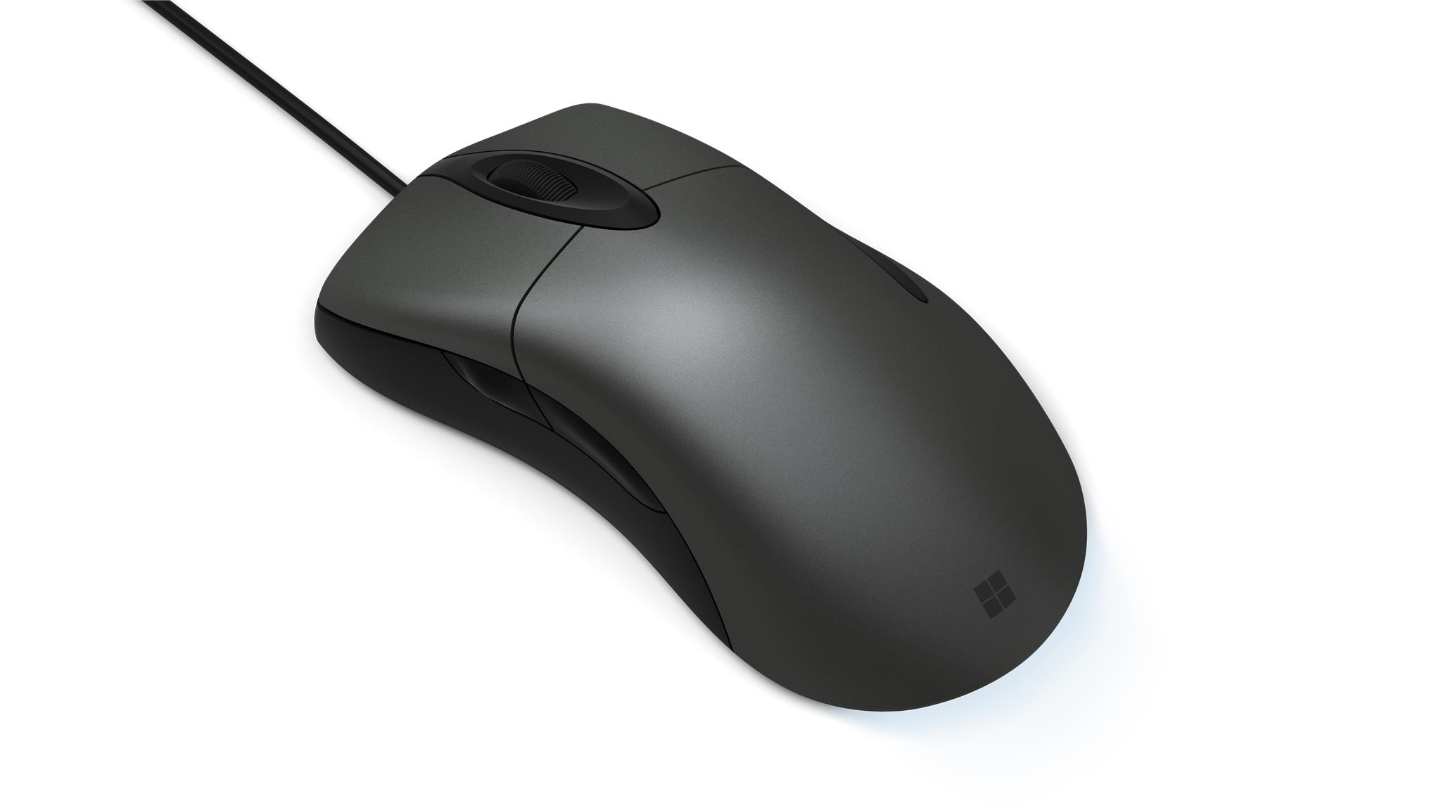 Eine schwarze Computermaus mit einem Scrollrad und einem Microsoft-Logo. Weißer Hintergrund.