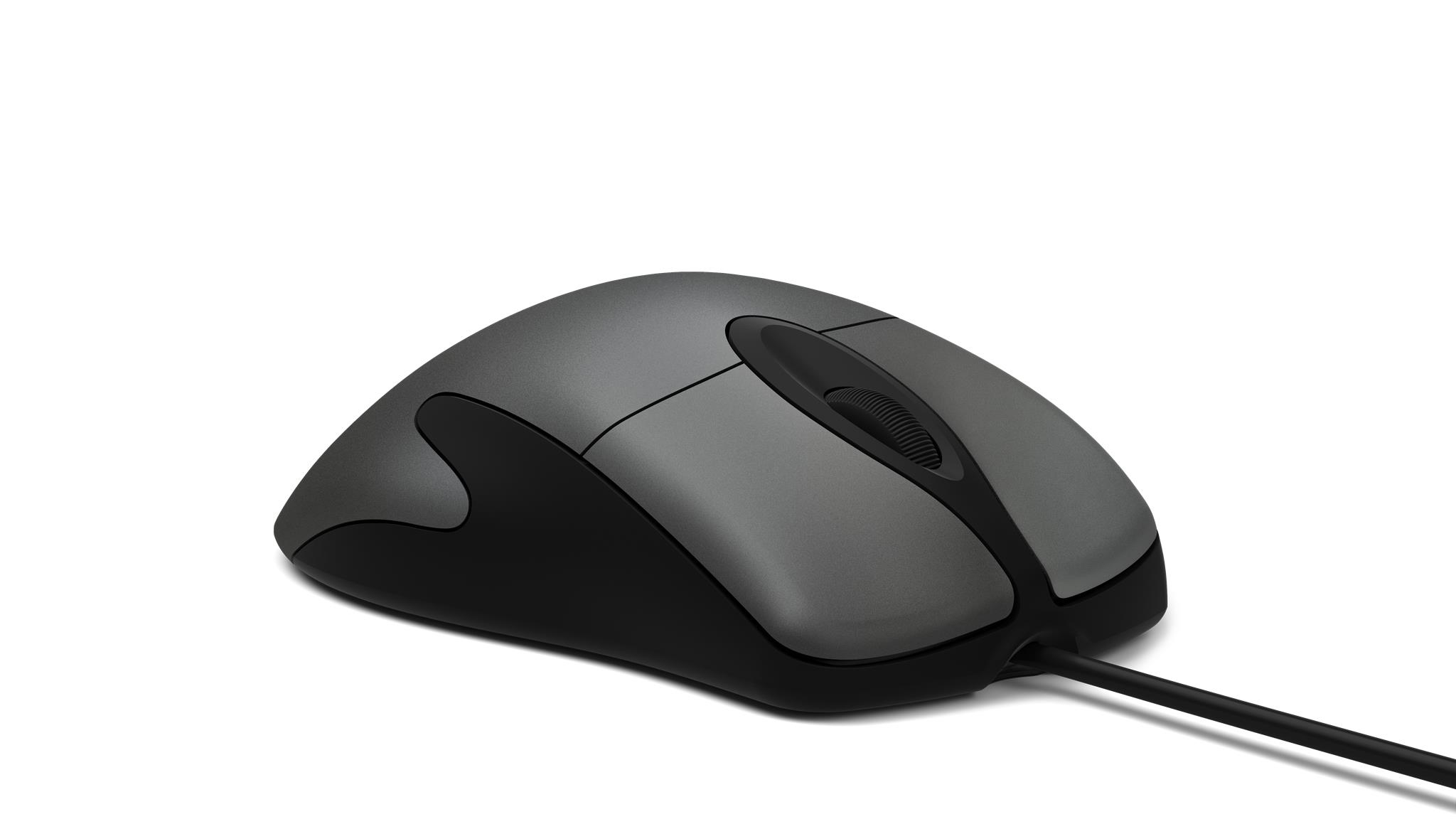 Computermaus. Graue Oberseite, schwarze Seiten und Unterseite. Kabel angeschlossen. Weißer Hintergrund.