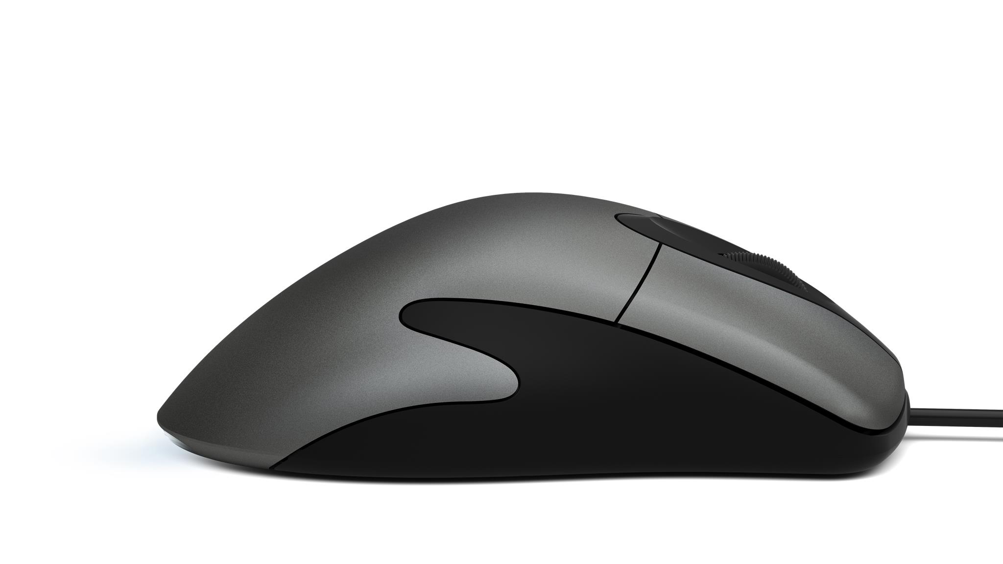Eine graue Computermaus mit schwarzem Akzent und angeschlossenem Kabel.